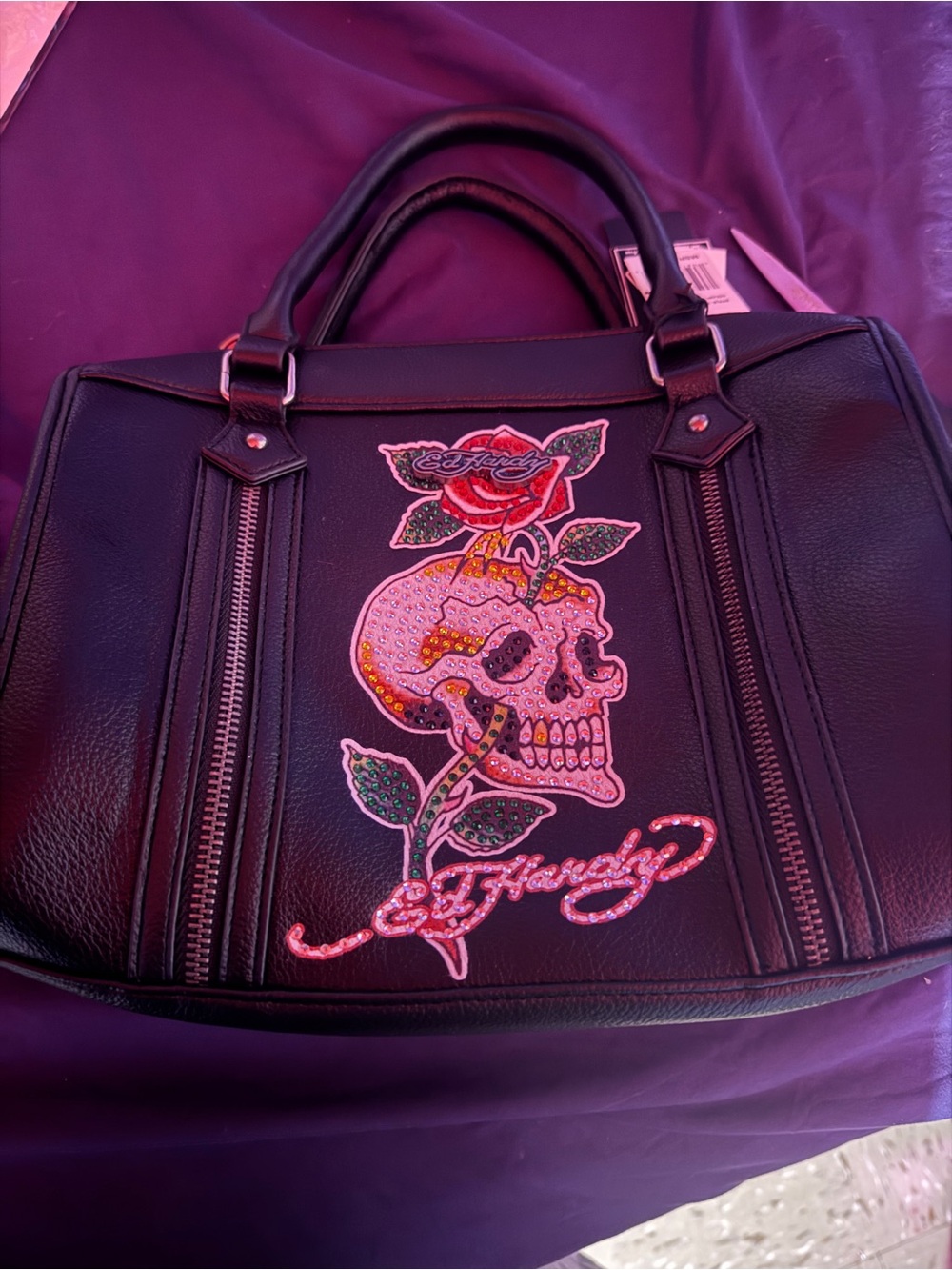 Ed Hardy Black Satchel with Rhinestone Skull & Rose Applique